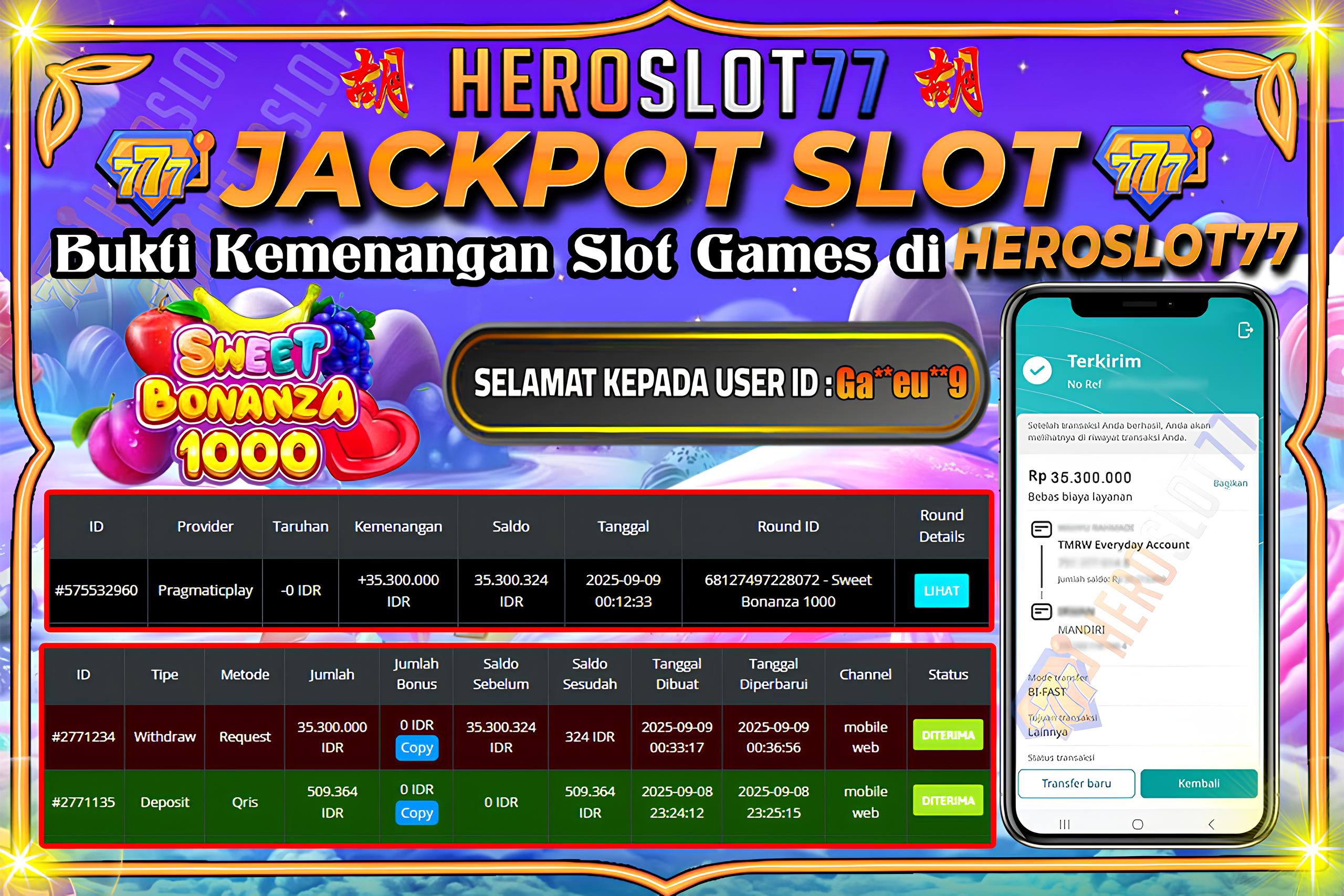 HEROSLOT77 JACKPOT SLOT SWEET BONANZA 1000 Rp35.000.000.- LUNAS!!!